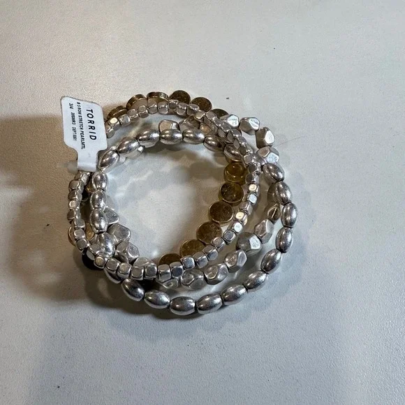Torrid B 5 Row Stretch PearlMTL Bracelet Set Silver Gold Trendy Jewelry - Picture 3 of 3